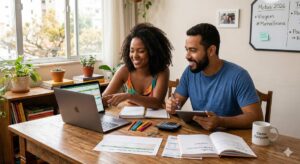Casal sorridente sentado à mesa organizando as finanças e a divisão de despesas no computador e caderno.