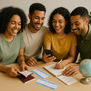 Grupo de amigos planejando viagem e dividindo gastos com celular, passagens e anotações de orçamento.