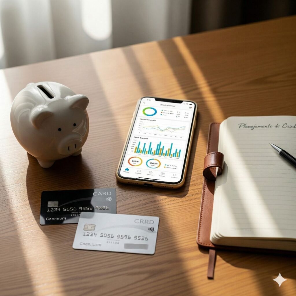 Mesa com celular, porquinho, cartões e planejamento financeiro, representando conta conjunta e organização do dinheiro do casal.