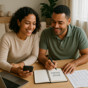 Casal planejando metas financeiras juntos, com notebook, celular e caderno de orçamento em ambiente doméstico.
