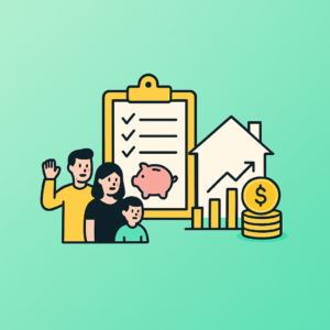 Ilustração minimalista sobre orçamento familiar, com elementos de planejamento financeiro da casa em estilo moderno de fintech.